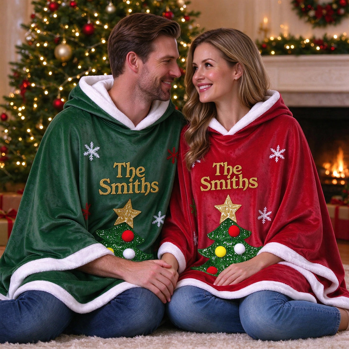 Custom Red or Green Christmas Capes for Family – Holiday Cloak for Adults & Kids, Matching Party Outerwear for Couples, Parents & Children