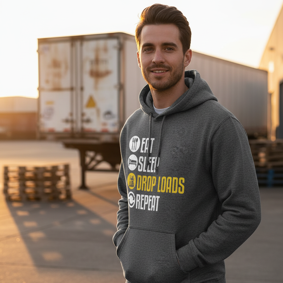 EAT SLEEP DROP LOANS REPEAT – Funny Truck Driver Hoodie, Novelty Sweatshirt for Truckers, Cool Gift Idea