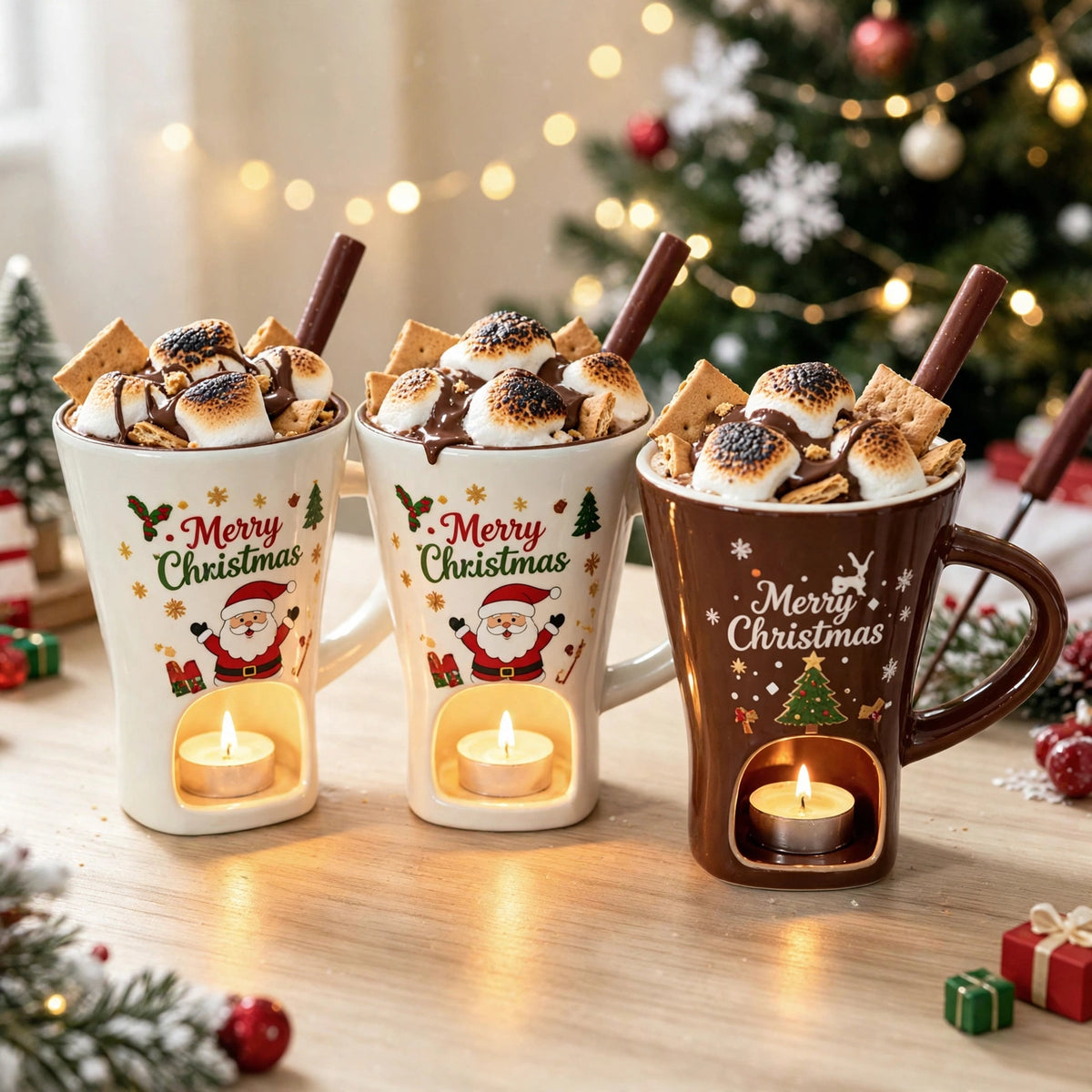 Holiday Ceramic Hot Chocolate Mug with Candle Warmer – Christmas Gift for Cocoa Lovers & S'mores Nights