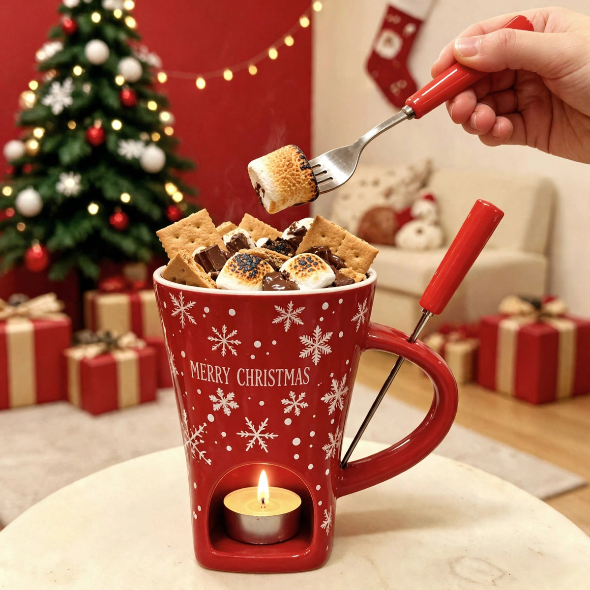Holiday Ceramic Hot Chocolate Mug with Candle Warmer – Christmas Gift for Cocoa Lovers & S'mores Nights
