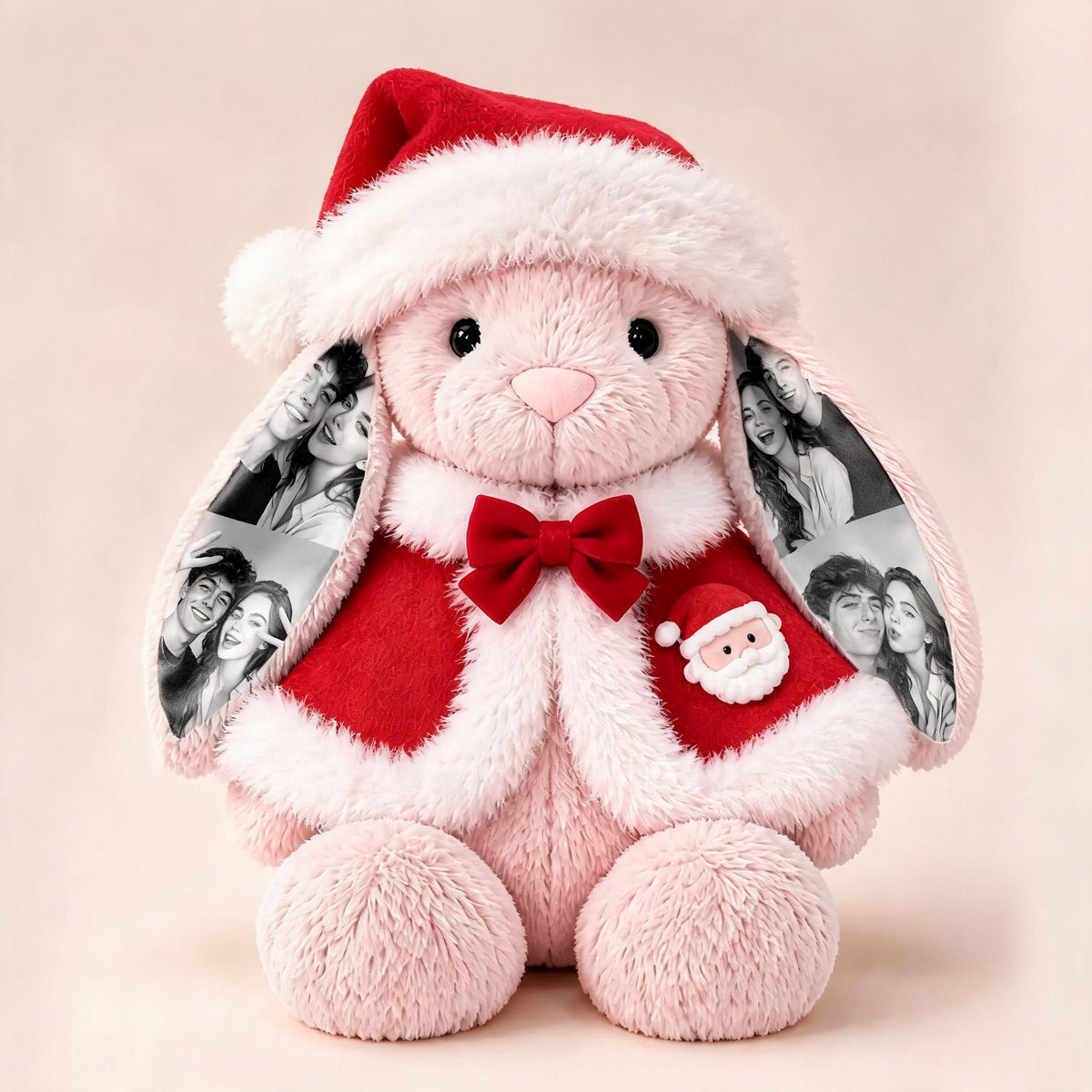 Custom Photo Bunny Plush with Santa Hat & Red Cape — Personalized Long-Ear Rabbit Stuffed Animal Christmas Gift