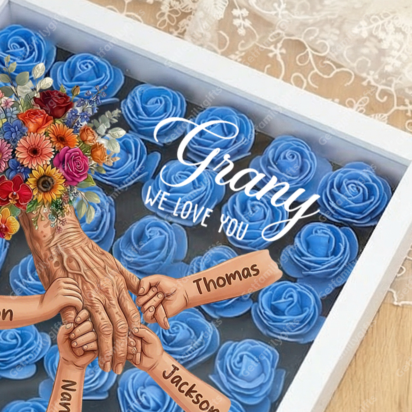 Personalized Grandma Hand Holding Shadow Box – Custom Names Rose Heart Frame for Nana | Mother’s Day Gift from Grandkids