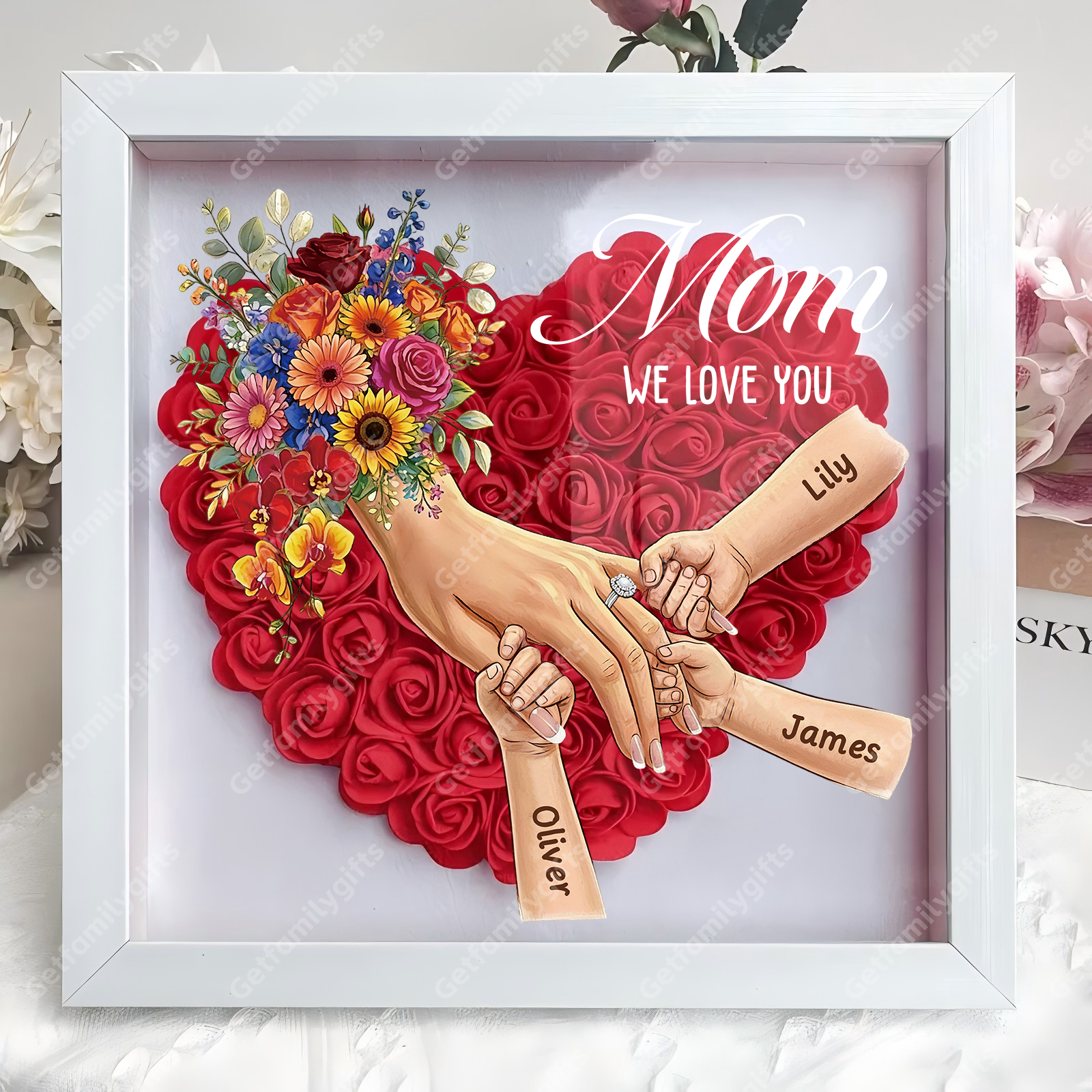 Personalized Mommy Holding Hands Shadow Box with Ring & Manicure – Custom Kids Names Floral Heart Frame, Premium Mother’s Day Gift