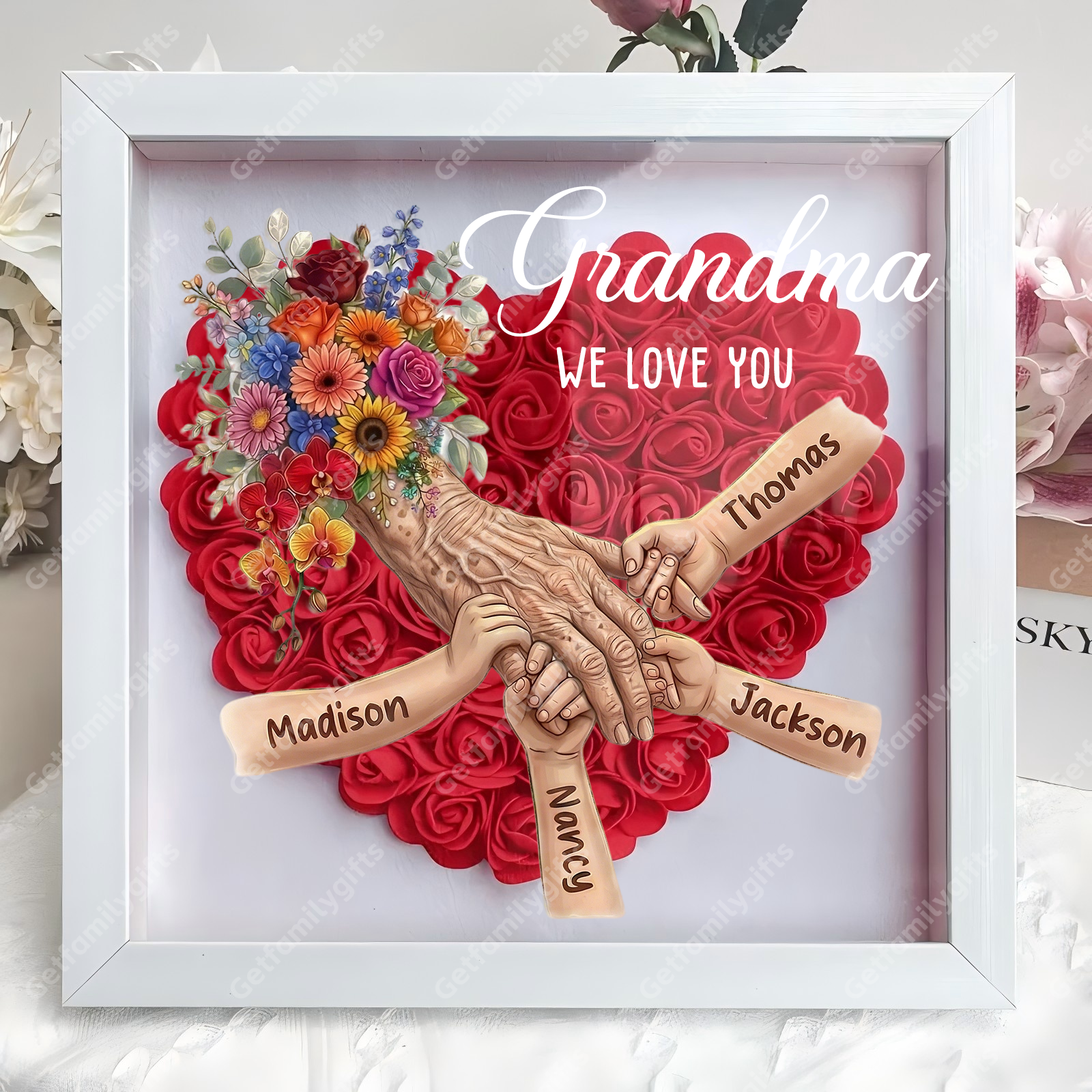 Personalized Grandma Hand Holding Shadow Box – Custom Names Rose Heart Frame for Nana | Mother’s Day Gift from Grandkids
