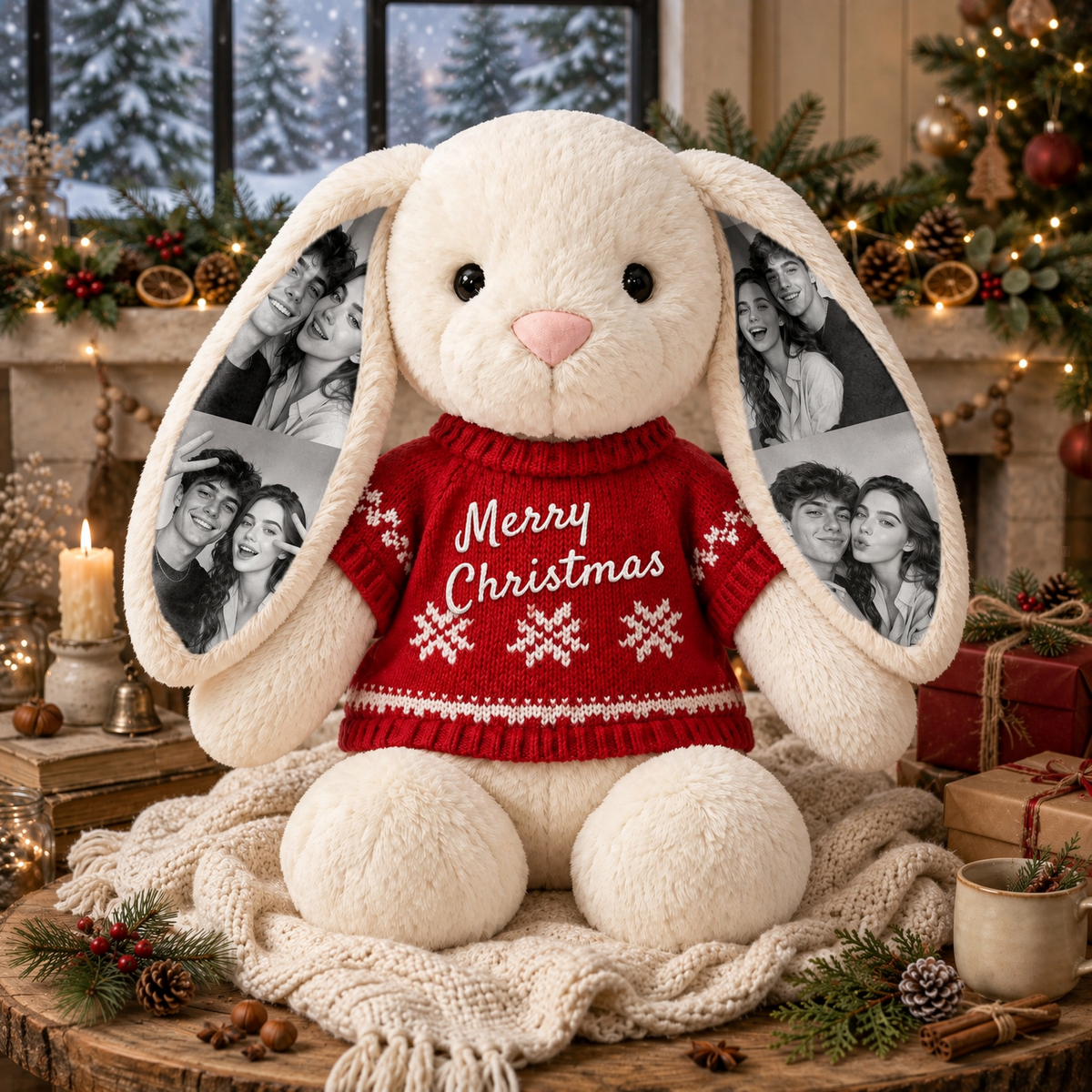 Custom Photo Bunny Plush with Name & Red Christmas Sweater — Long-Ear Rabbit Stuffed Animal, Christmas Holiday Gift