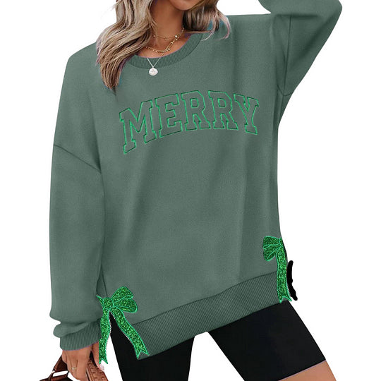 Christmas Applique Bow Shirt, Cute Christmas Shirt, Coquette Bow, Embroidered Side Slit Bow Shirt