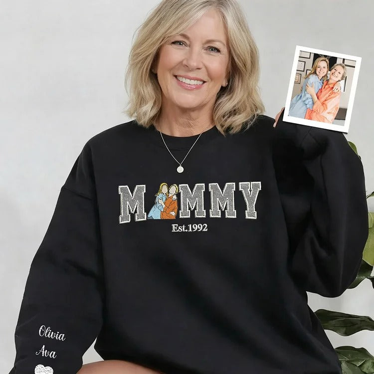 A Glittering Gift for Grandma, Personalized Portrait Sweatshirt with Embroidered Family Photo & Sparkle