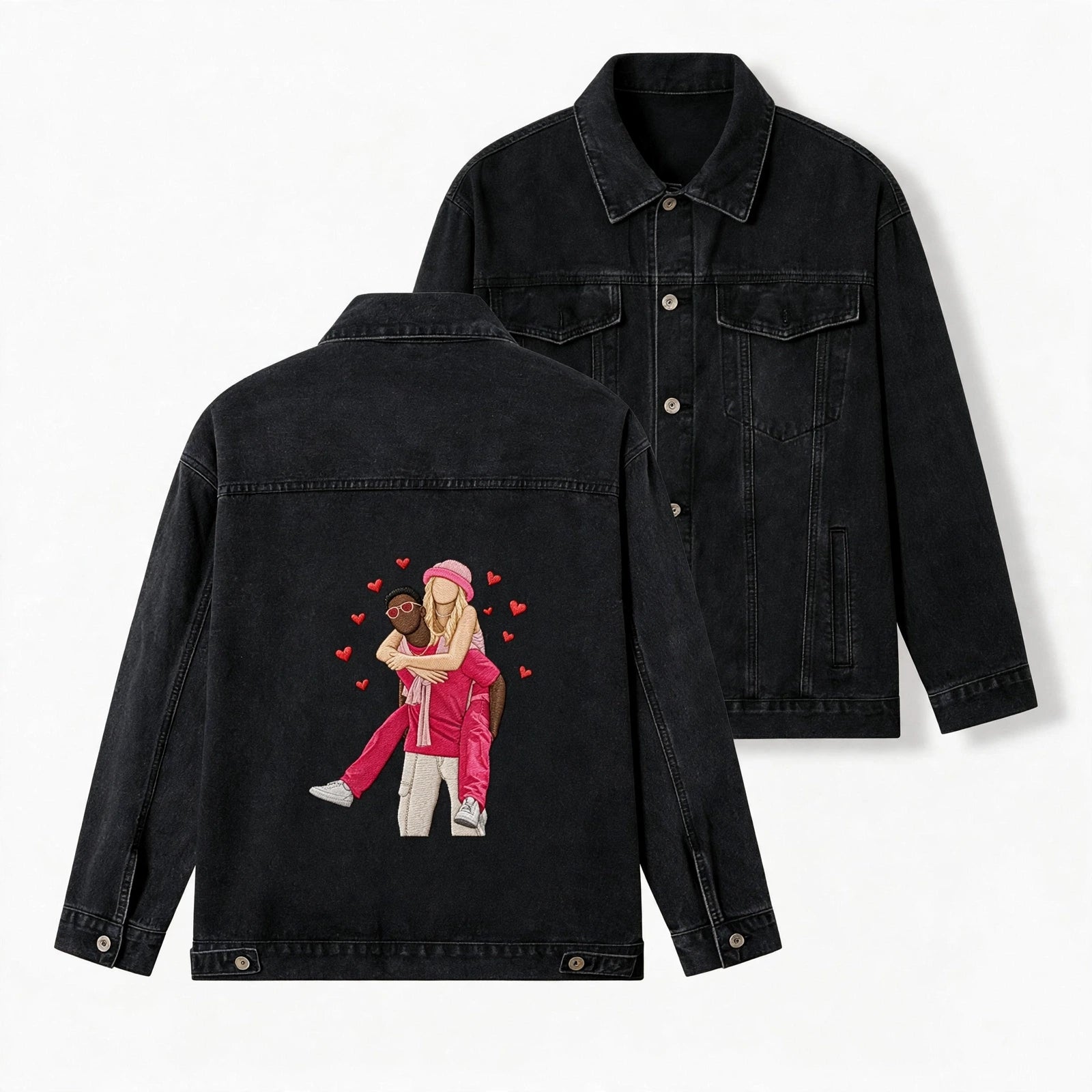 Custom Photo Embroidered on the Back Denim Jacket – Ideal for Matching Couple Looks, Anniversaries