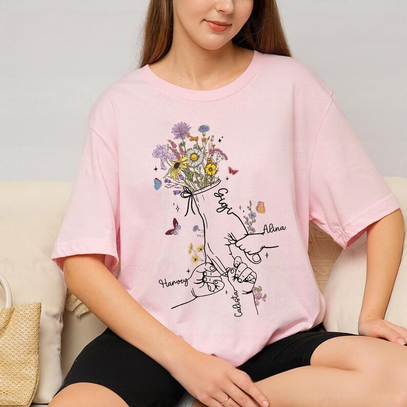 Custom Flower Holding Child's Hand Mother And Grandmother Shirt