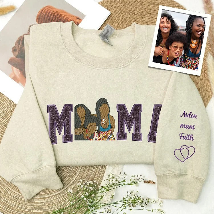 A Glittering Gift for Grandma, Personalized Portrait Sweatshirt with Embroidered Family Photo & Sparkle