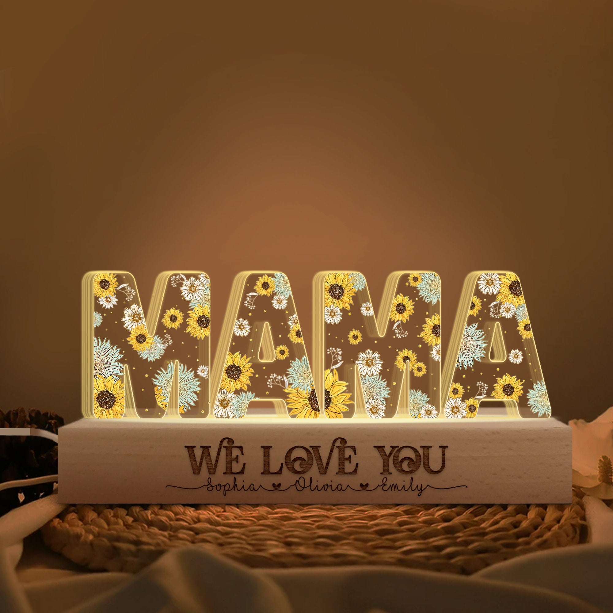 Custom Mother's Day Gift, Personalized Mom Flowers 3D LED Lights Mother's Day Gift for Grandma, Customized Gift for Nana