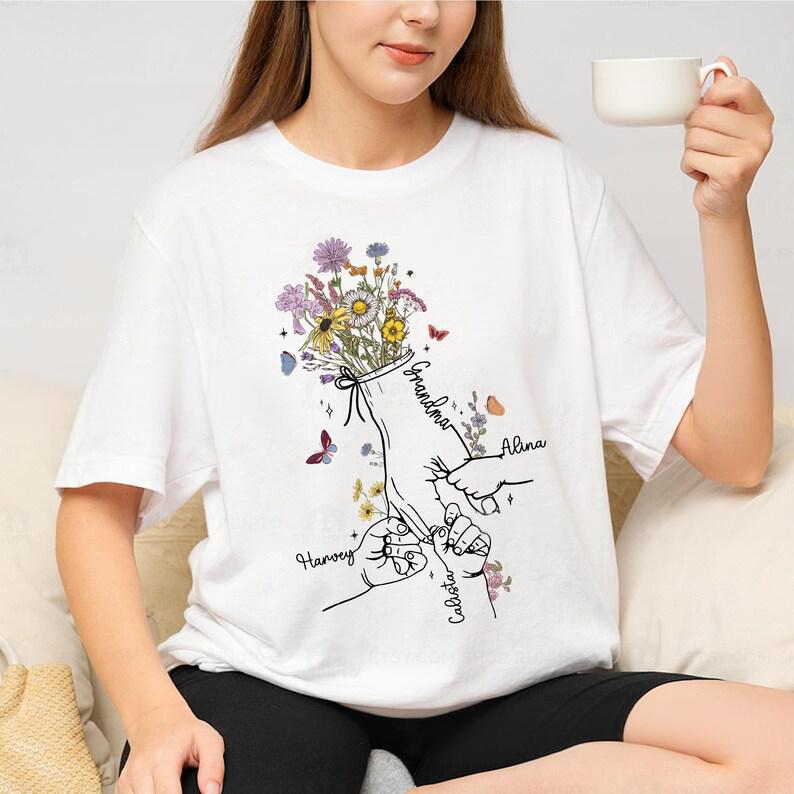 Custom Flower Holding Child's Hand Mother And Grandmother Shirt