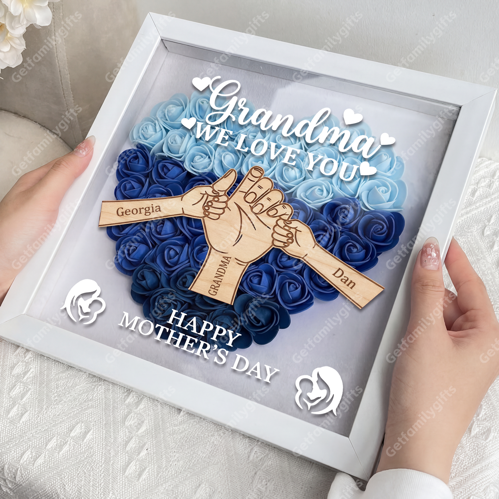 Personalized Mom Hand-in-Hand Shadow Box – Wooden 3D Heart Flower Frame With Kids Names