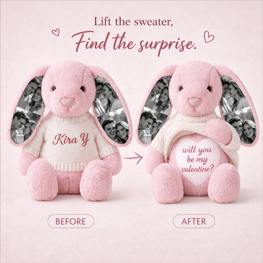Custom Photo & Text Bunny Plush – Custom Photos on Ears + Hidden Message Under Sweater, Gift for Couples & Anniversaries