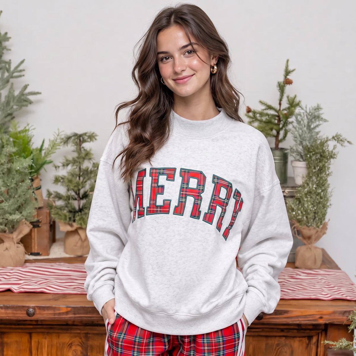 Merry Plaid Gingham Mockneck Sweatshirt — Custom Text, Festive Holiday Style