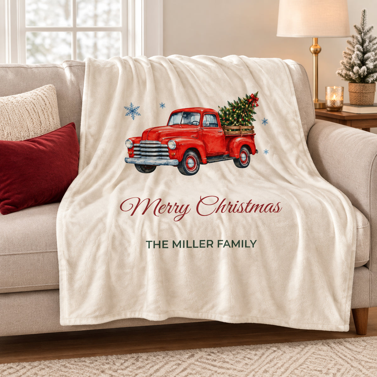 Personalized Family Christmas Blanket — Red Truck Holiday Throw with Custom Family Name