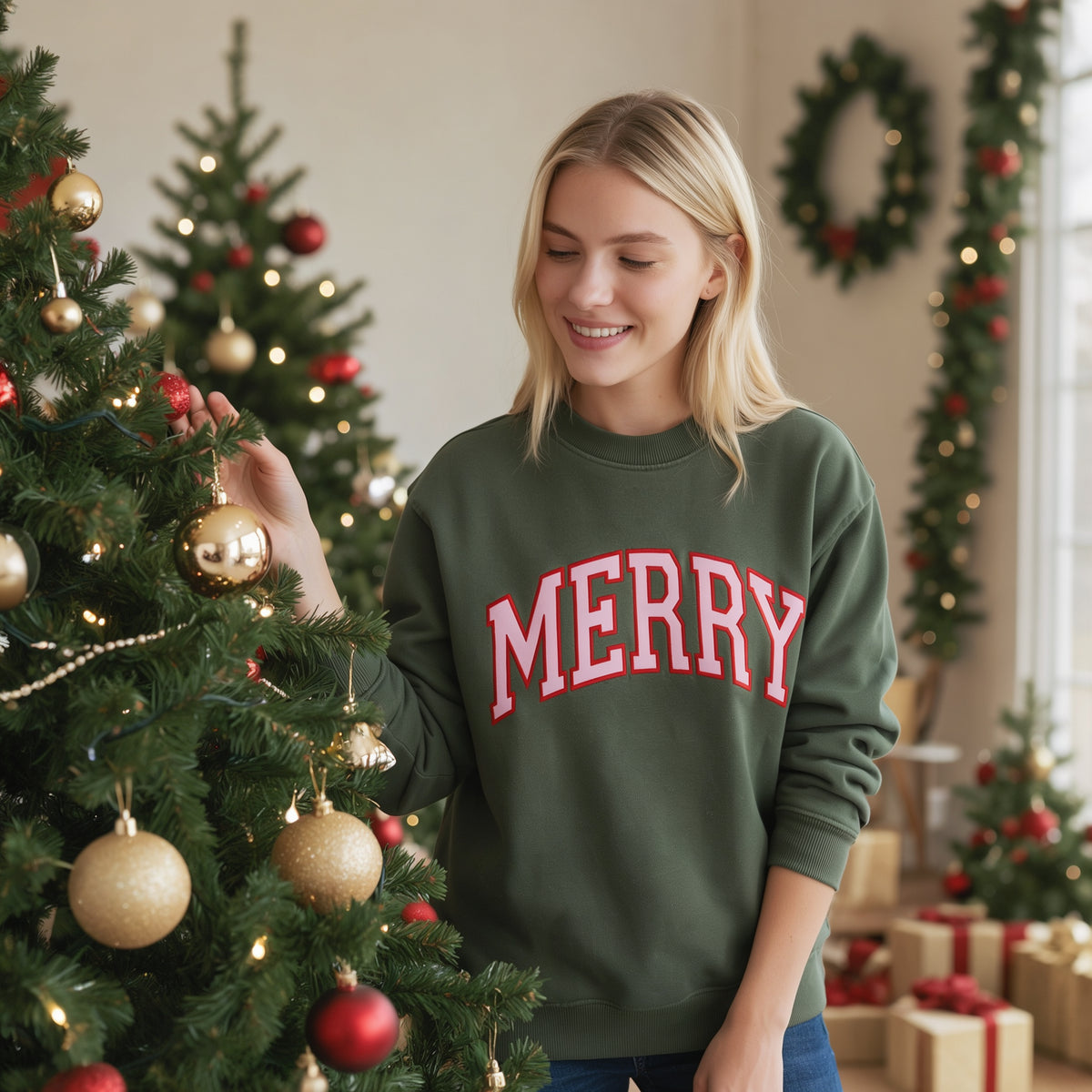 Custom Merry Christmas Fabric Embroidered Sweatshirt — Personalized Holiday Top