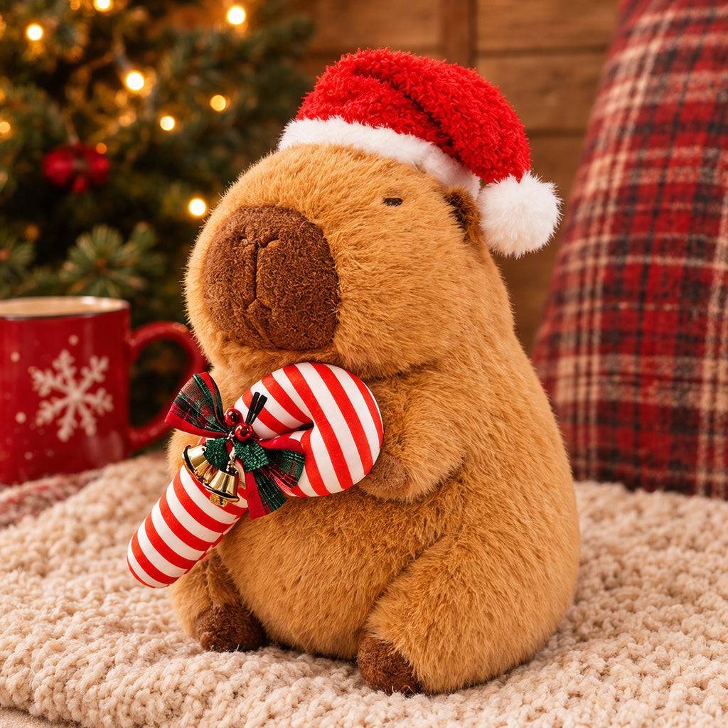 Christmas Capybara Plush with Santa Hat — Cute Holiday Stuffed Animal, Candy Cane Cozy Christmas Gift