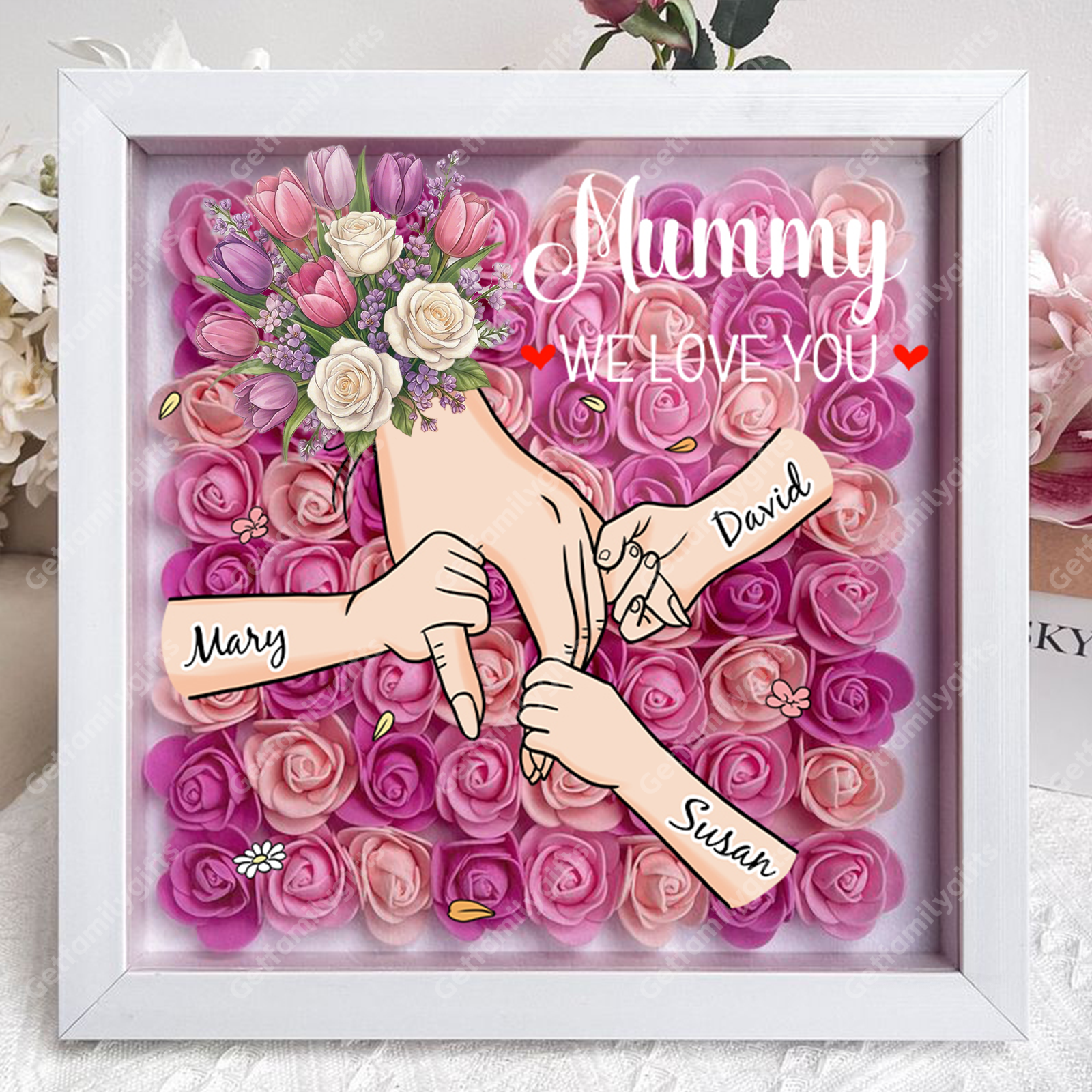Custom Floral Hand Flower Shadow Box – Holding Hands Frame with Choice of Bouquet, Mother’s Day Gift