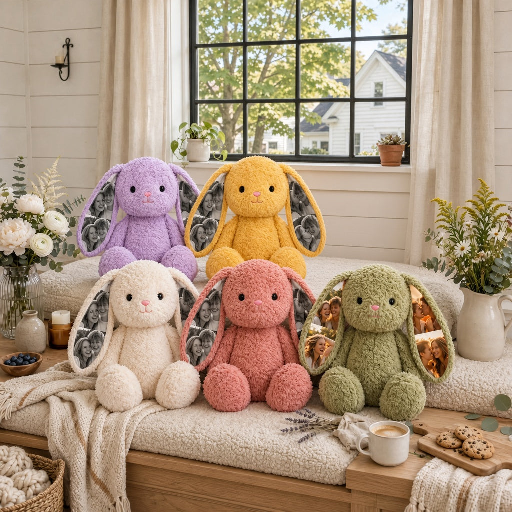 Personalized Photo Bunny Stuffed Animal – Custom Picture Plush Rabbit in Multiple Colors with Photo Ears for Birthdays & Valentines