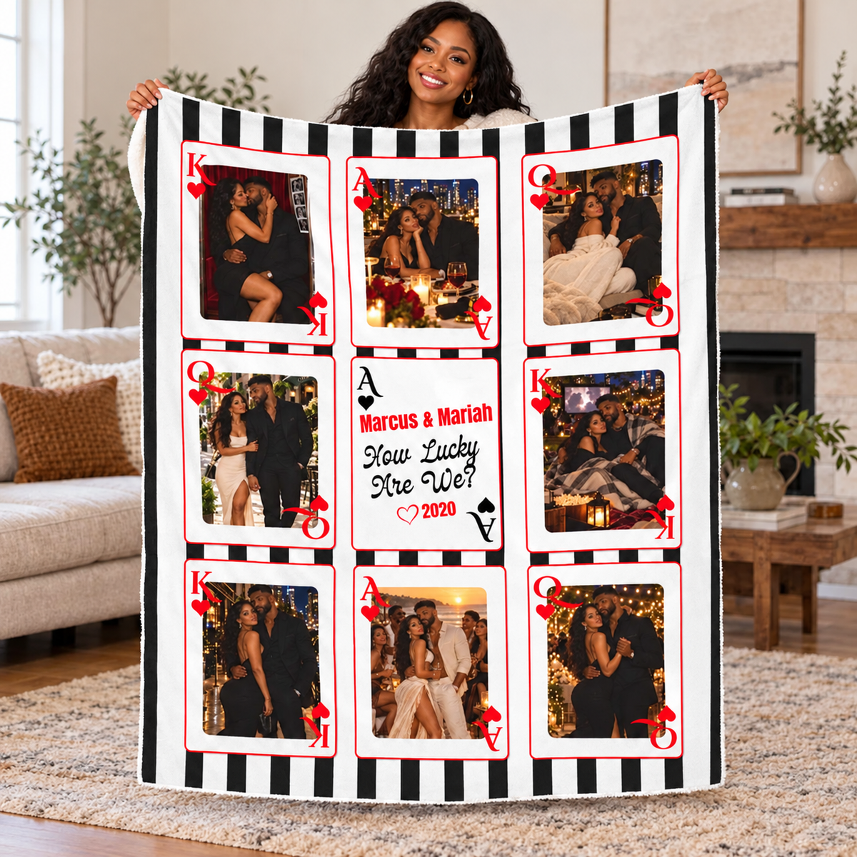 Custom Playing Card Couple Blanket — Multi-Photo Blanket with King Queen Ace Cards, Names & Relationship Year