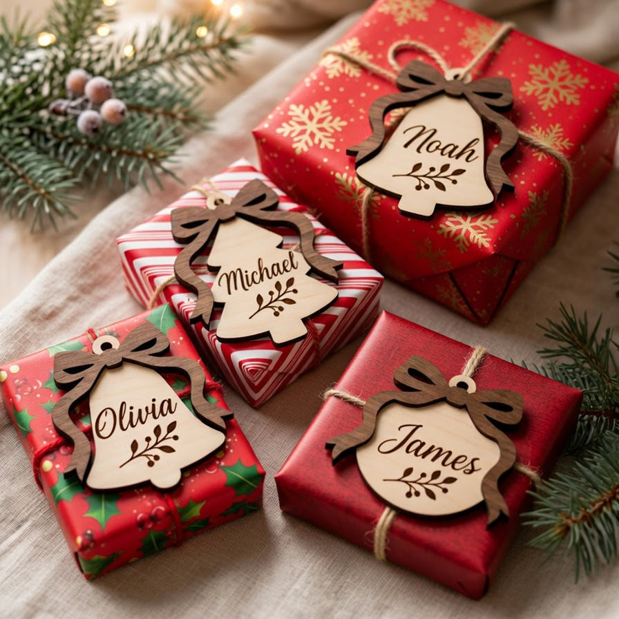 Custom Christmas Bow Tags Bundle – Layered Name Ornaments for Laser Cut & Engraving, Ideal for Holiday Gift Tags & Christmas Decor
