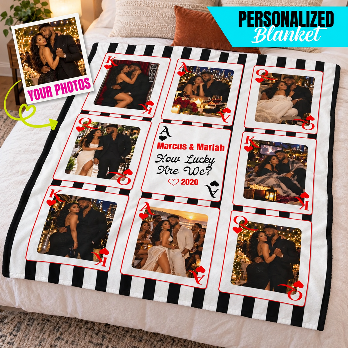 Custom Playing Card Couple Blanket — Multi-Photo Blanket with King Queen Ace Cards, Names & Relationship Year