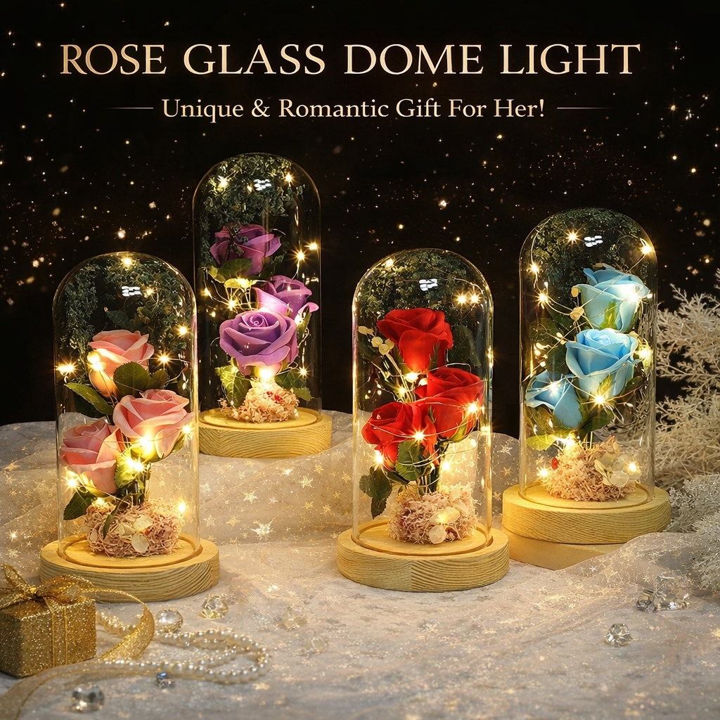 Eternal 3 Roses in Glass Dome with LED Light – Lifelike Artificial Flowers, Romantic Couple Gift for Valentine's Day & Anniversary