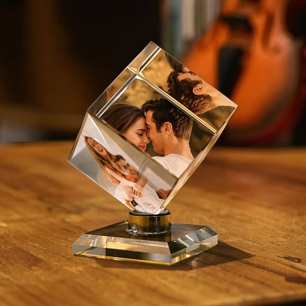 Custom Crystal Photo Cube — Rotating Picture Frame Keepsake Gift