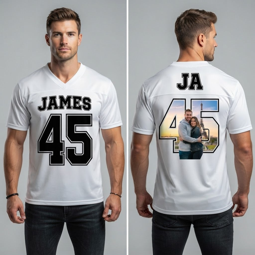 Custom Couple‘s Football Jersey – Personalized with Names & Meaningful Numbers on Front, Photo & Initials on Back – Perfect for Game Day, Anniversaries & Matching Couple Outfits