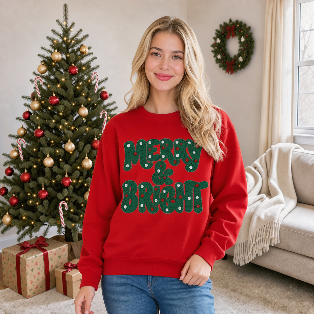 Merry & Bright Polka Dot Fluffy Appliqué Embroidered Sweatshirt — Christmas Style Design