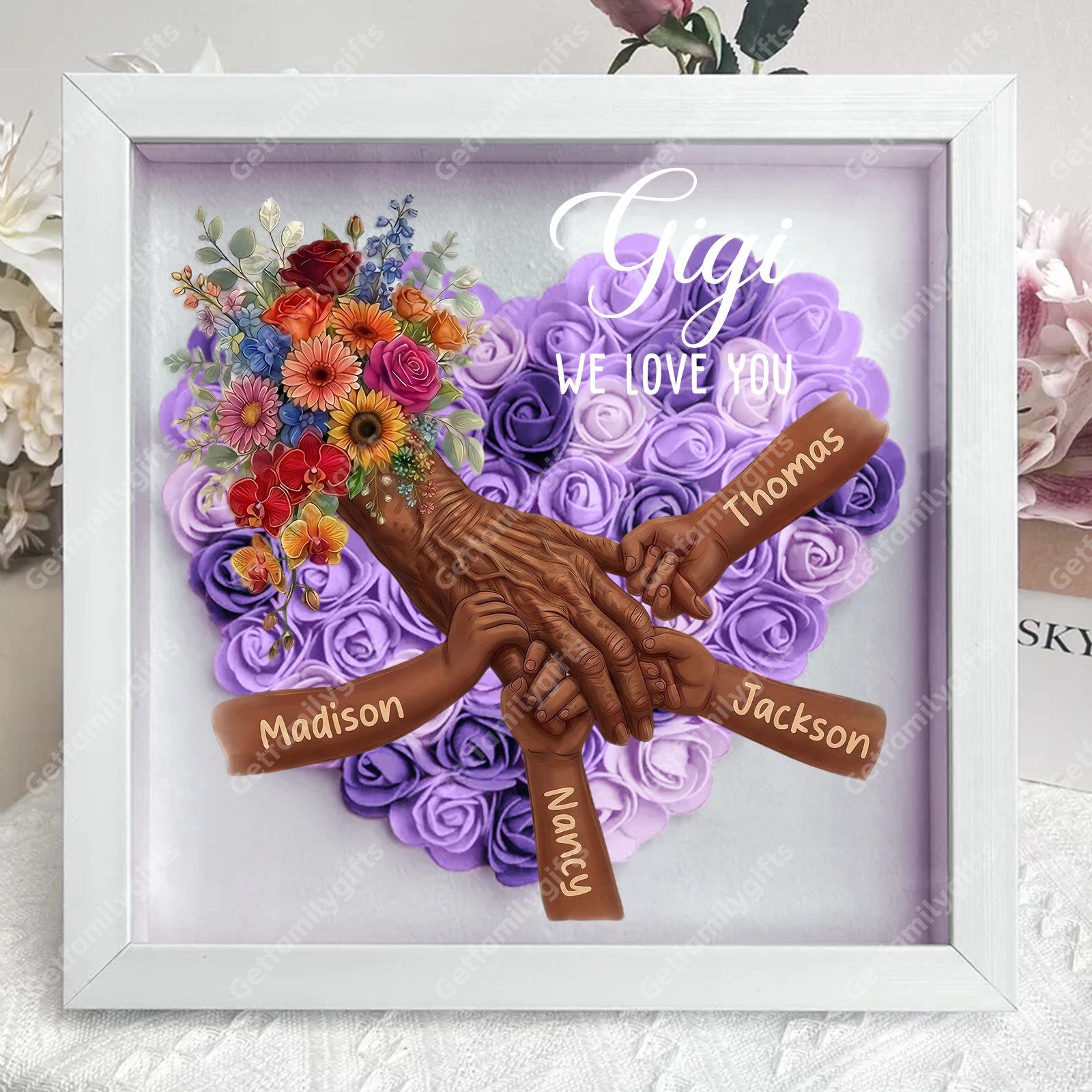 Personalized Grandma Hand Holding Shadow Box – Custom Names Rose Heart Frame for Nana | Mother’s Day Gift from Grandkids