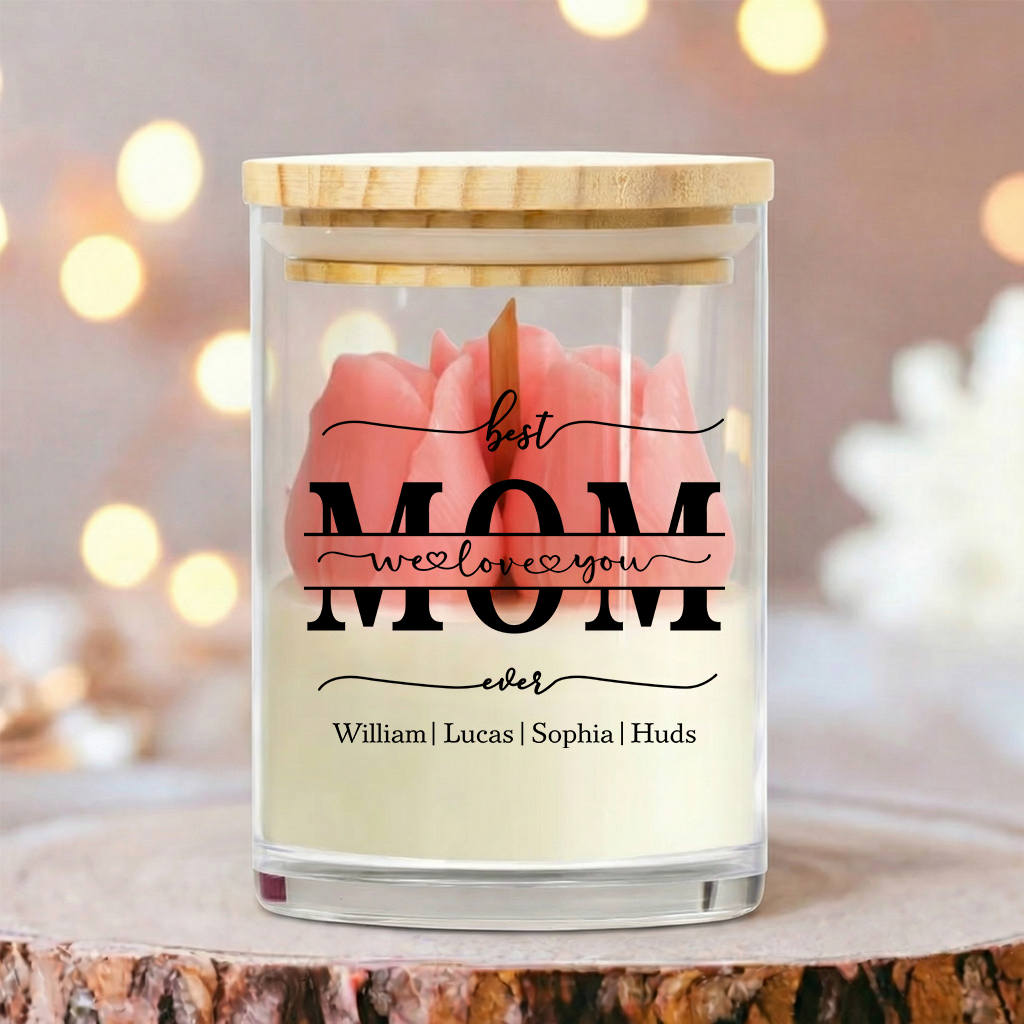 Personalized Soy Wax Candle – Custom Family Name Floral Gift for Mom, Mother’s Day Special