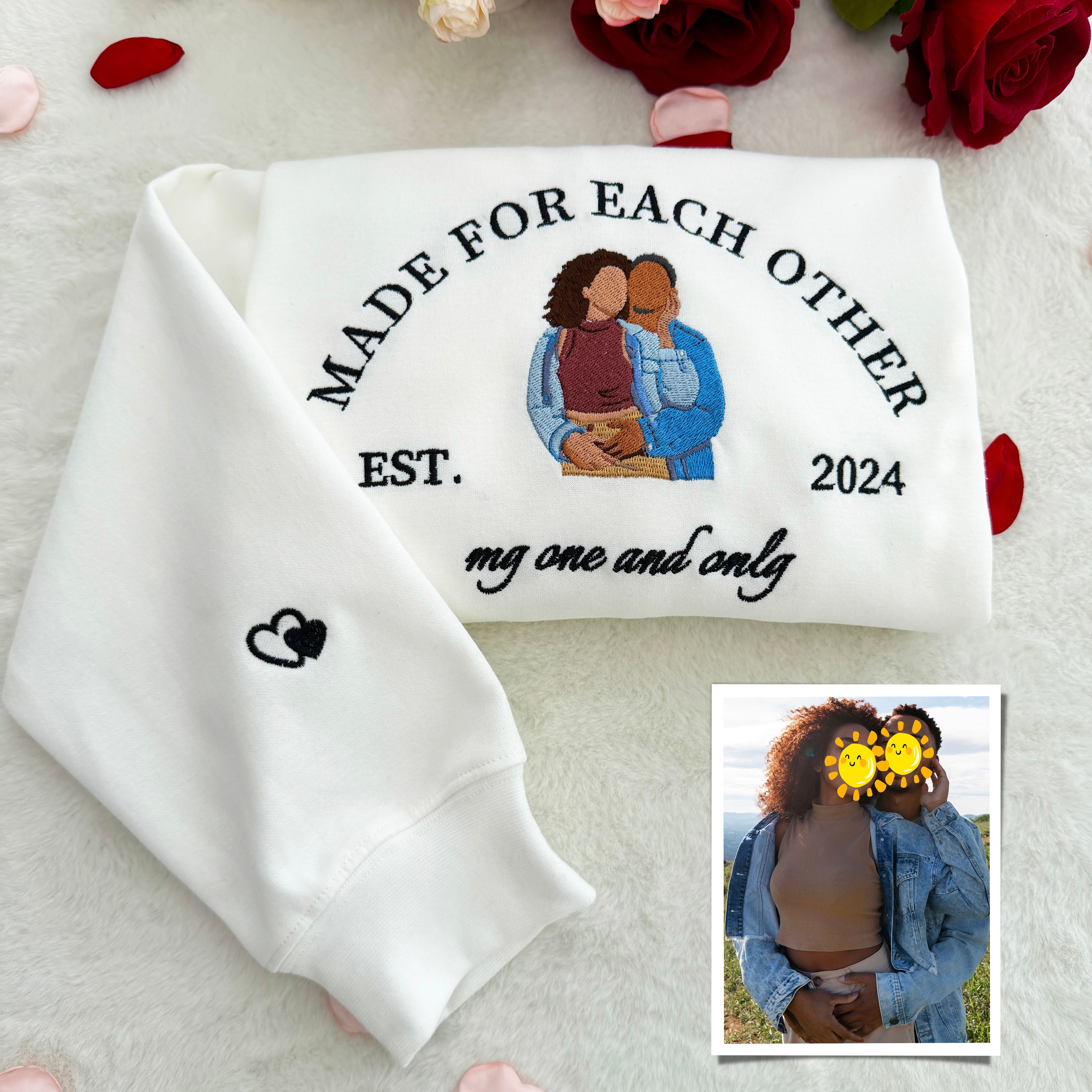 Custom Embroidered Couple Hoodie, Personalized Portrait With Your Text & Date