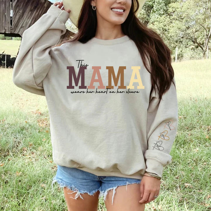 Personalized Wear Heart On Sleeve Mama Sweatshirt with Kid Names on Sleeves-Mother's Day Sale!Free Shipping!