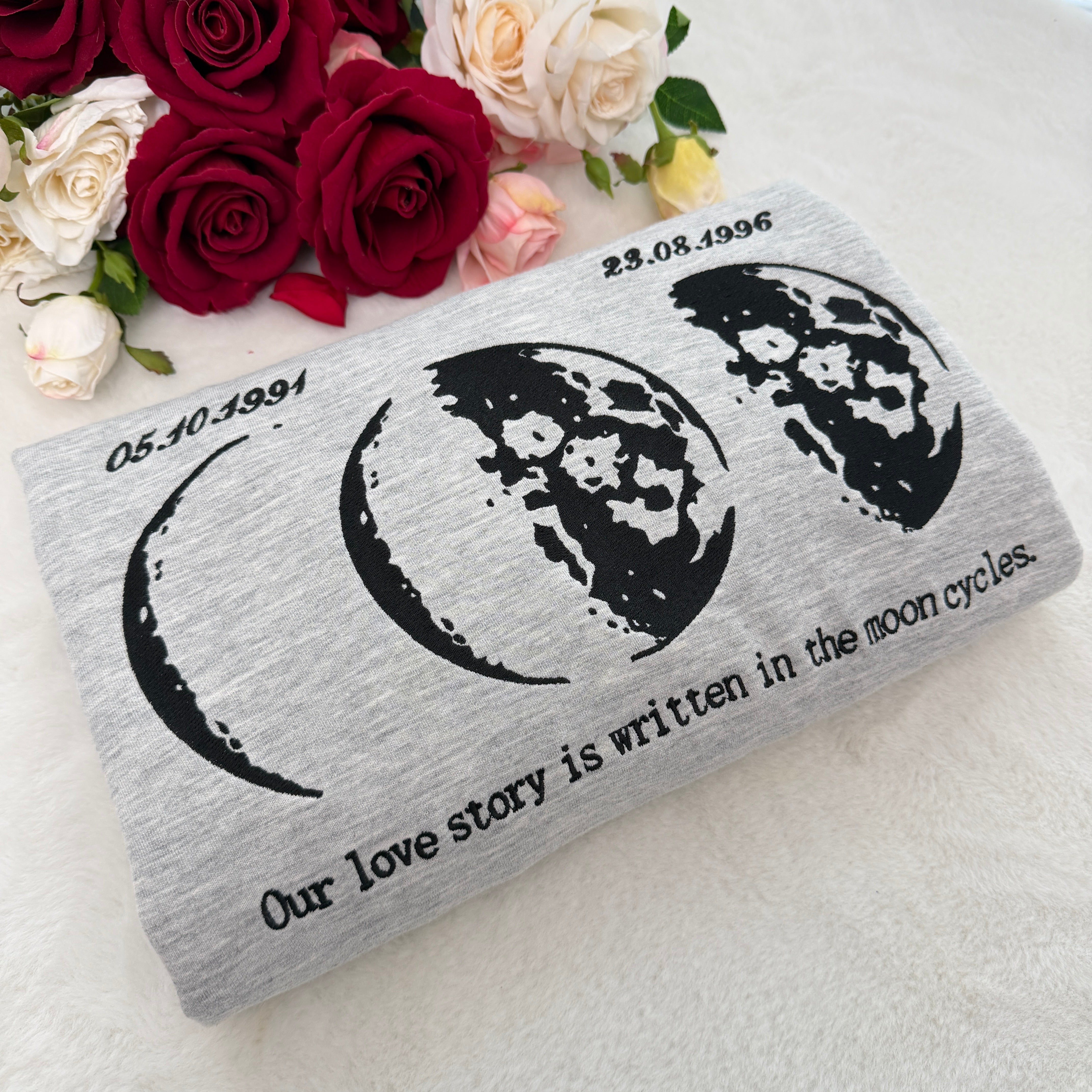 Custom Embroidered Couple Hoodie With Moon & Silhouette Design
