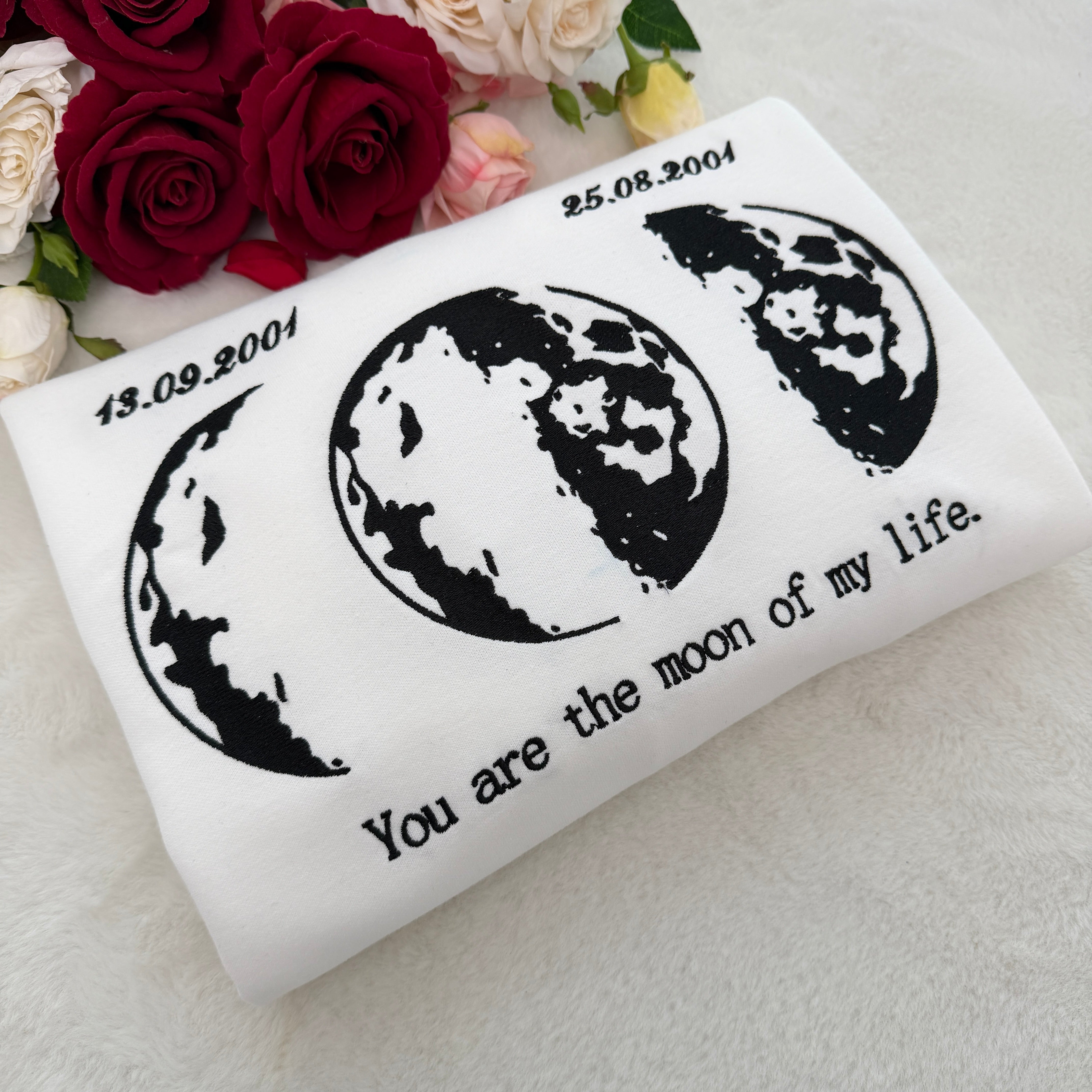 Custom Embroidered Couple Hoodie With Moon & Silhouette Design