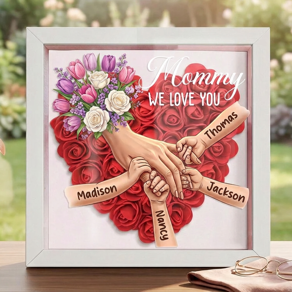 Custom Mommy Holding Hands Shadow Box – Custom Mixed Skin Tone Hands & Kids Names Floral Heart Frame Gift for Mom & Grandma | Mother’s Day Gift