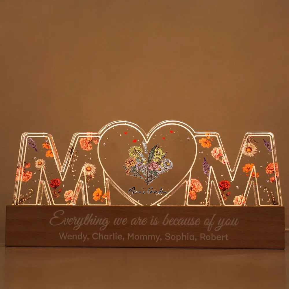 Customized Flower Print LED Night Light, Birthday Flowers, Gift For Mom