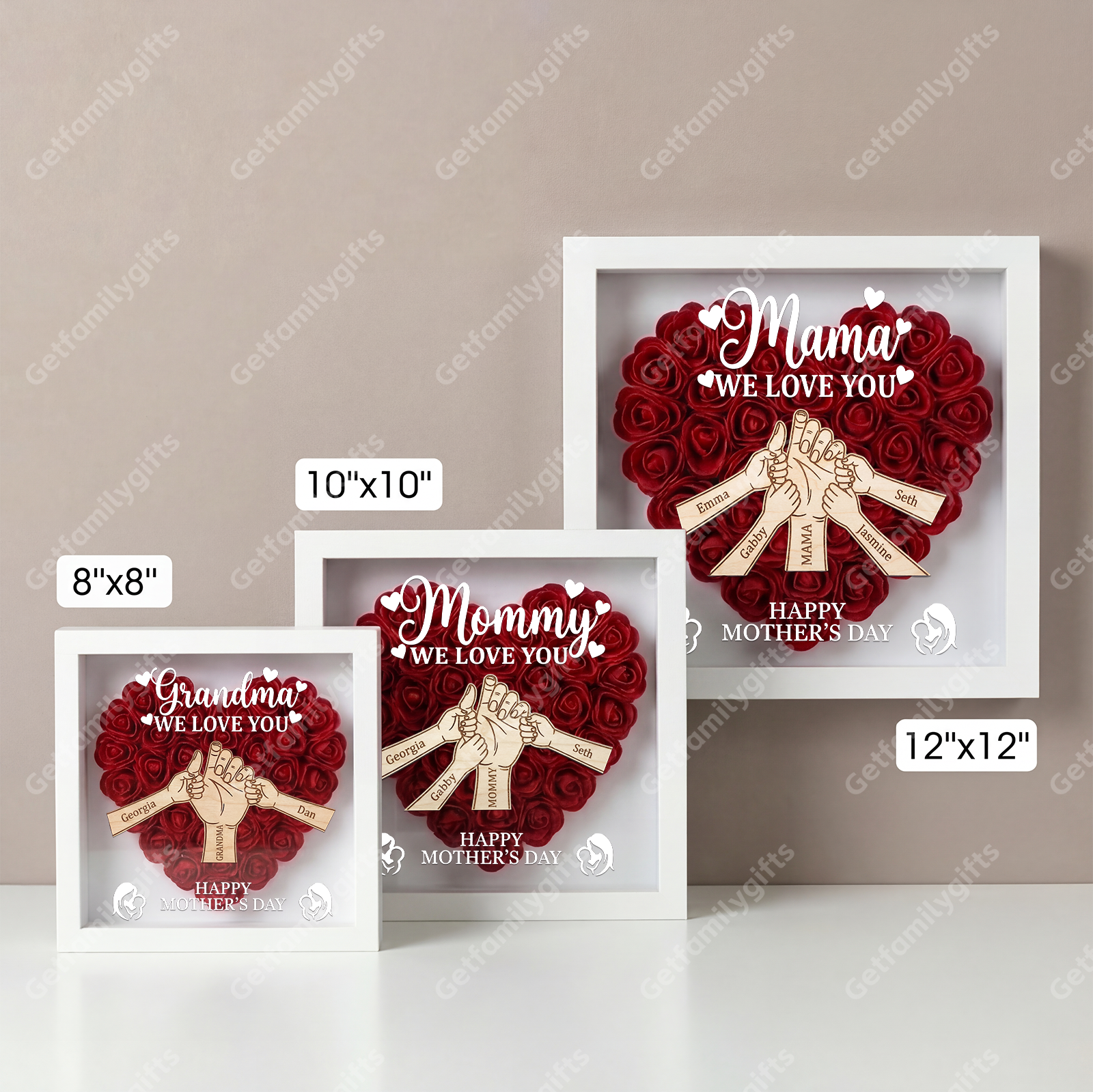 Personalized Mom Hand-in-Hand Shadow Box – Wooden 3D Heart Flower Frame With Kids Names