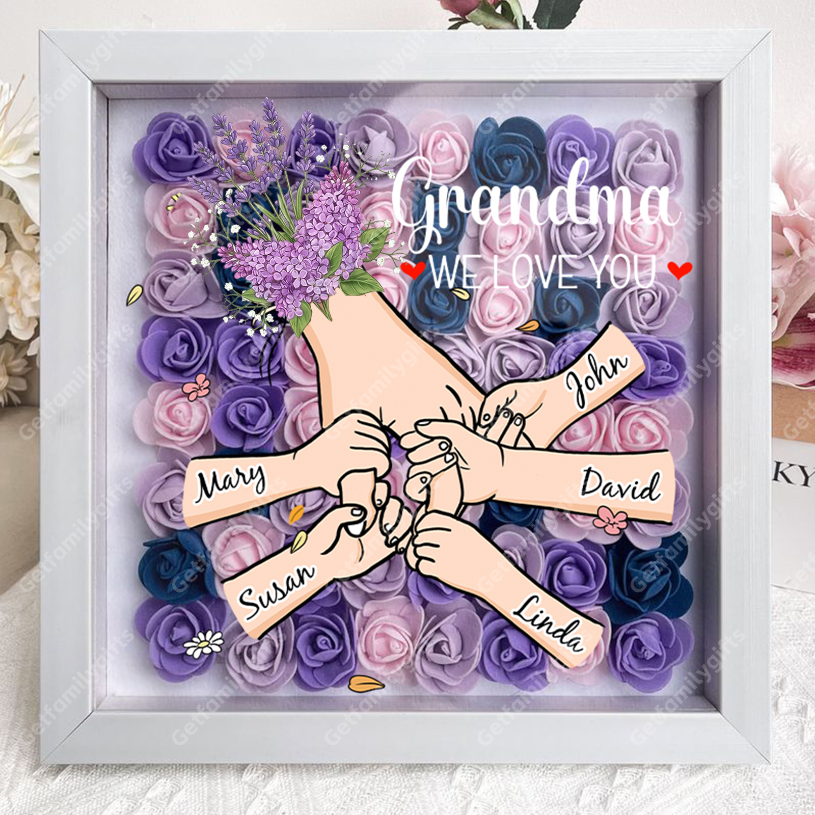 Custom Floral Hand Flower Shadow Box – Holding Hands Frame with Choice of Bouquet, Mother’s Day Gift