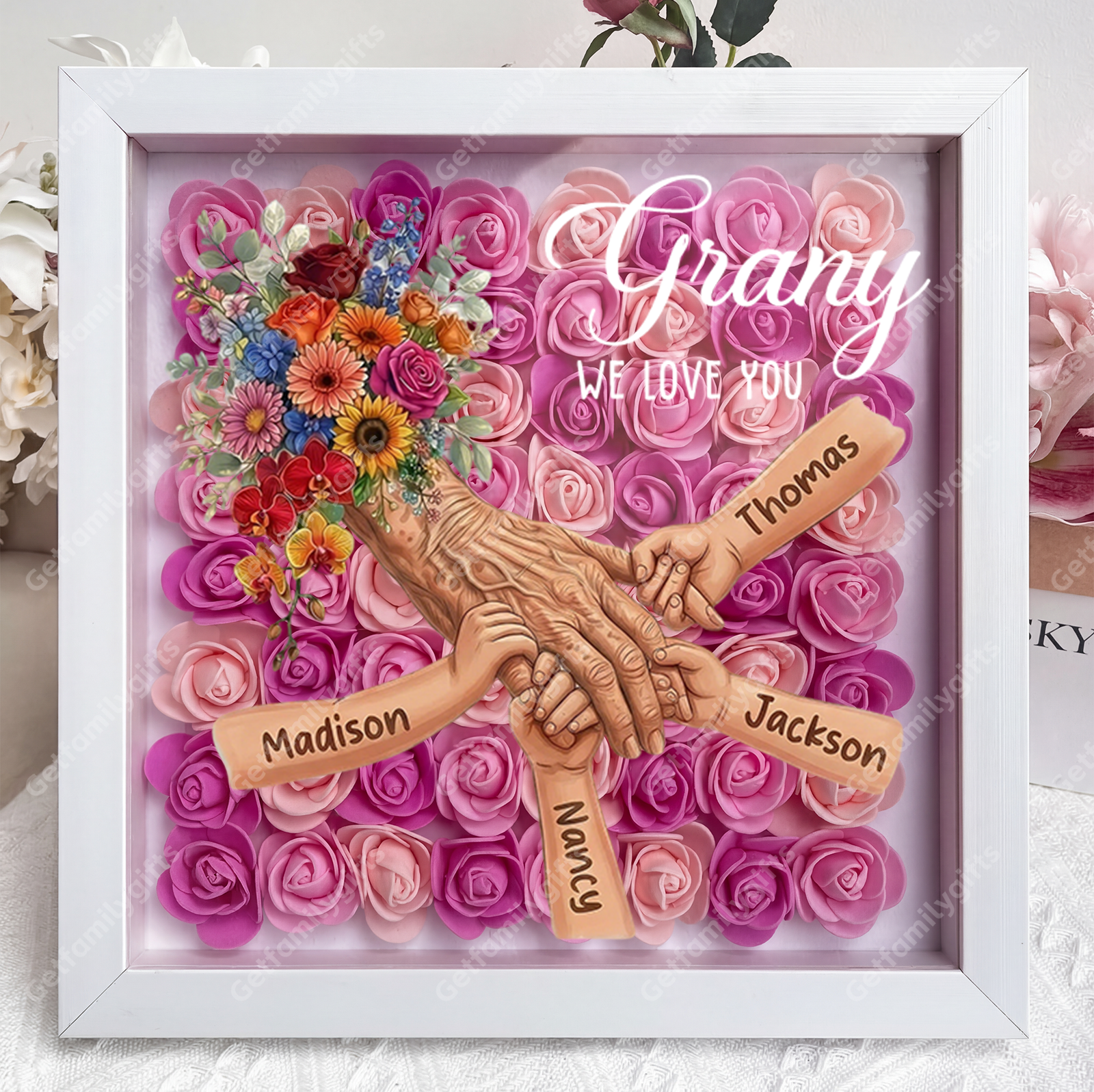 Personalized Grandma Hand Holding Shadow Box – Custom Names Rose Heart Frame for Nana | Mother’s Day Gift from Grandkids