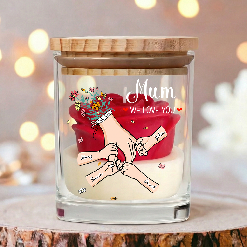 Personalized Floral Soy Wax Candle – Family Hands Design Gift for Mom, Mother’s Day Special