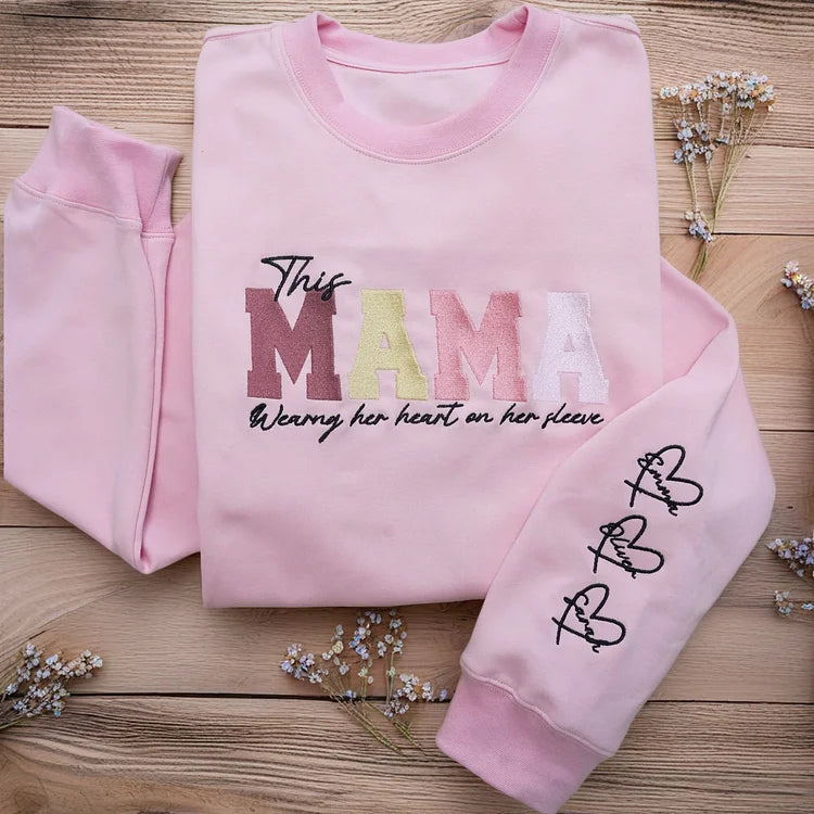 GETFAMILYGIFTS™Custom Embroidered Mum Wears Her Heart On Her Sleeve Sweatshirt | Mother’s Day Gift