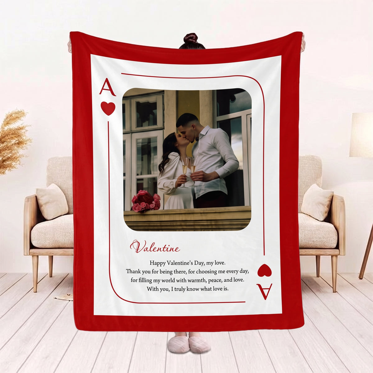 Custom Playing Card Blanket — Personalized Photo & Text Blanket, Poker Card Style Couple Gift