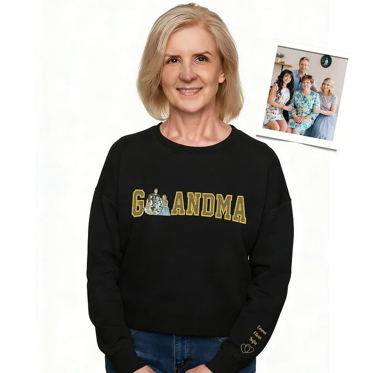 A Glittering Gift for Grandma, Personalized Portrait Sweatshirt with Embroidered Family Photo & Sparkle