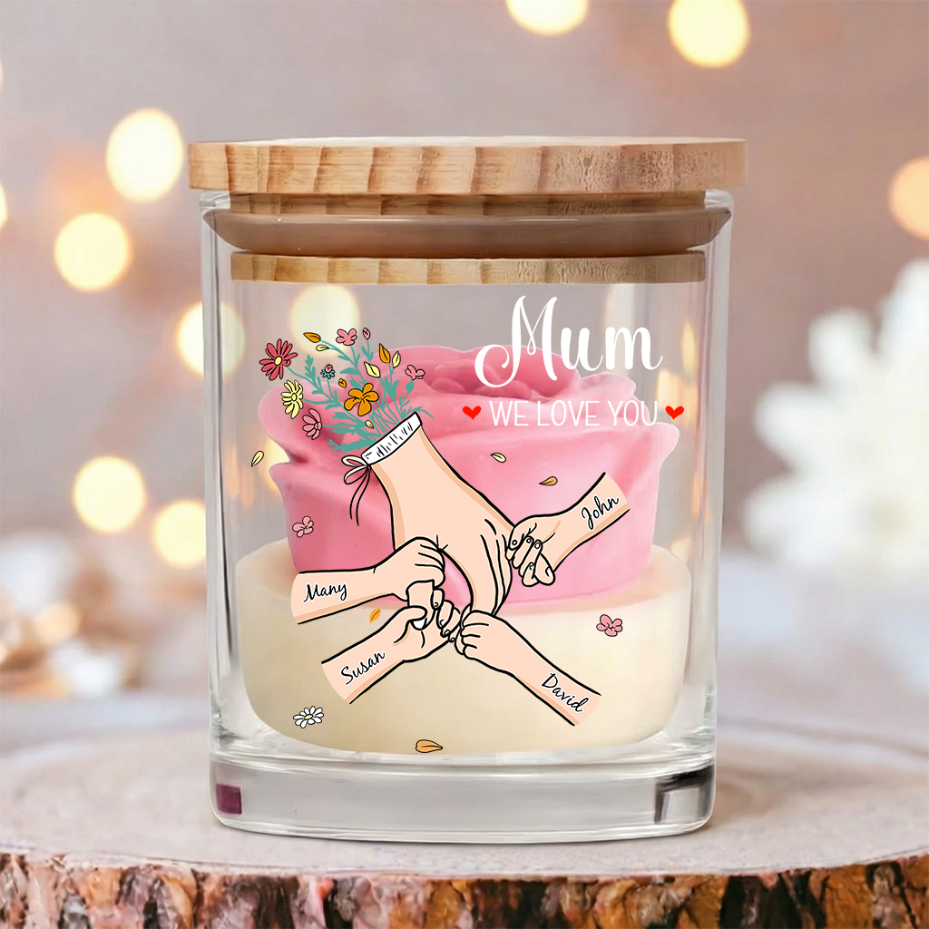 Personalized Floral Soy Wax Candle – Family Hands Design Gift for Mom, Mother’s Day Special