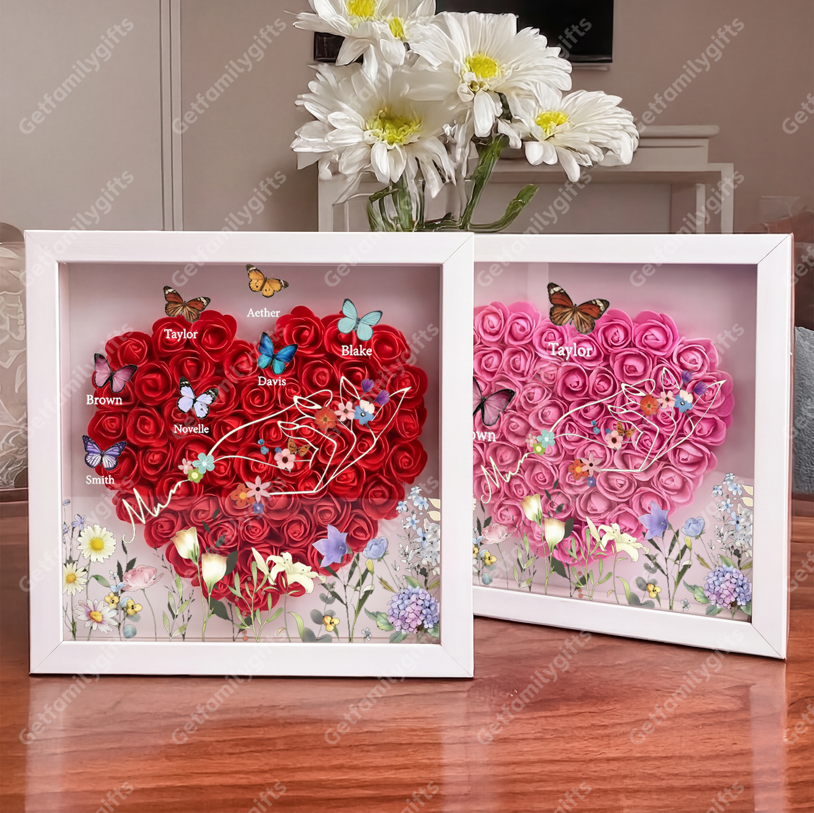 Custom flower shadow box with butterfly kid names-gift for mother's day