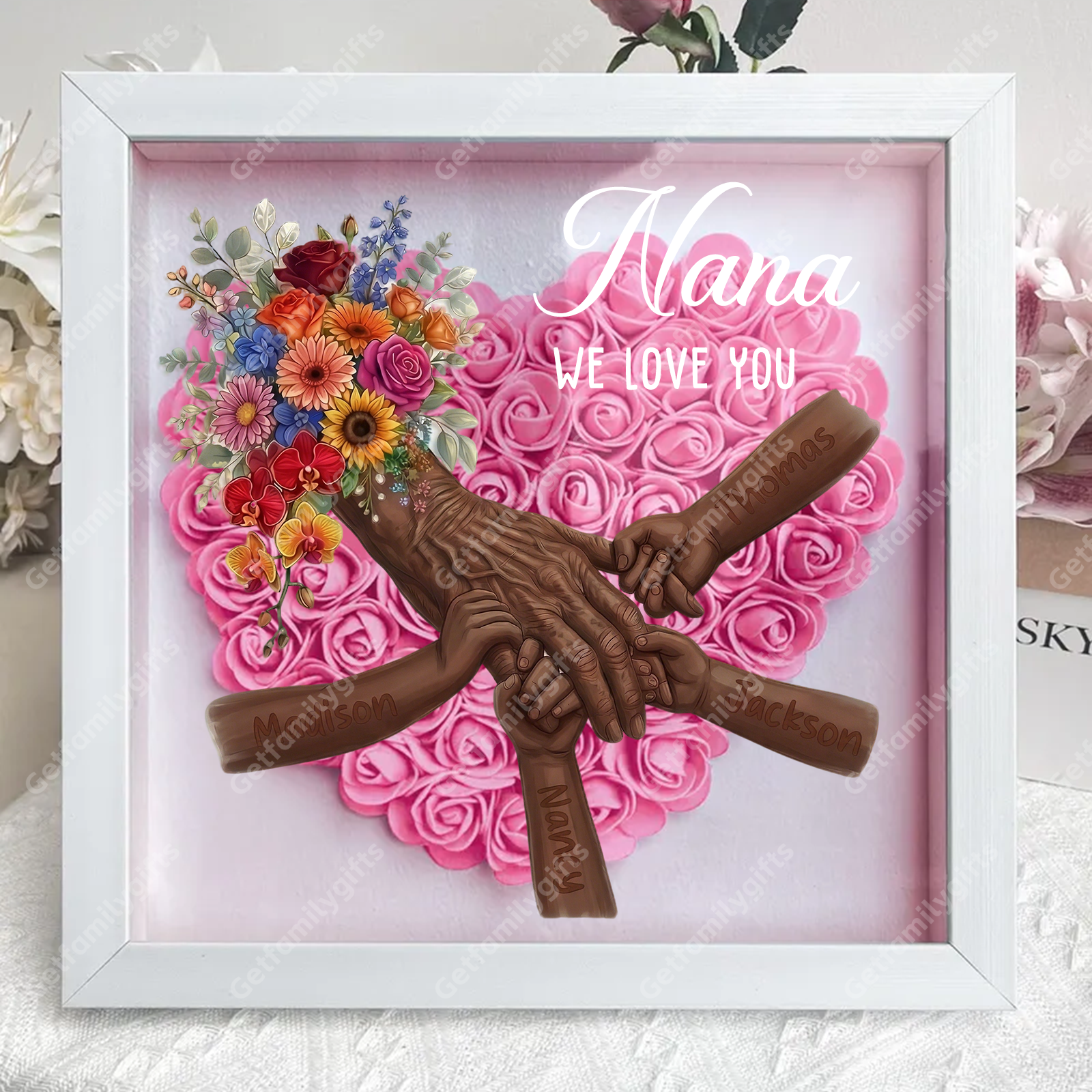 Personalized Grandma Hand Holding Shadow Box – Custom Names Rose Heart Frame for Nana | Mother’s Day Gift from Grandkids