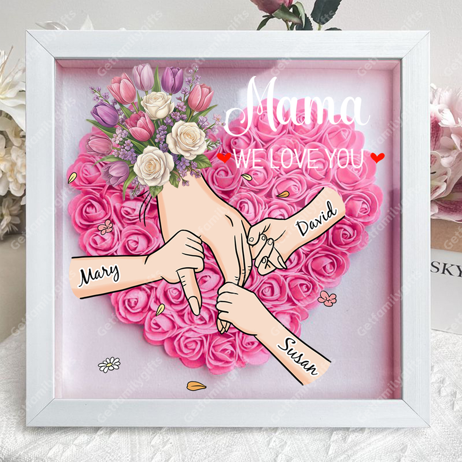 Custom Floral Hand Flower Shadow Box – Holding Hands Frame with Choice of Bouquet, Mother’s Day Gift